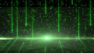 Soyut teknoloji arka planında yeşil çizgiler ve parçacıklar - 3D İllüstrasyon
