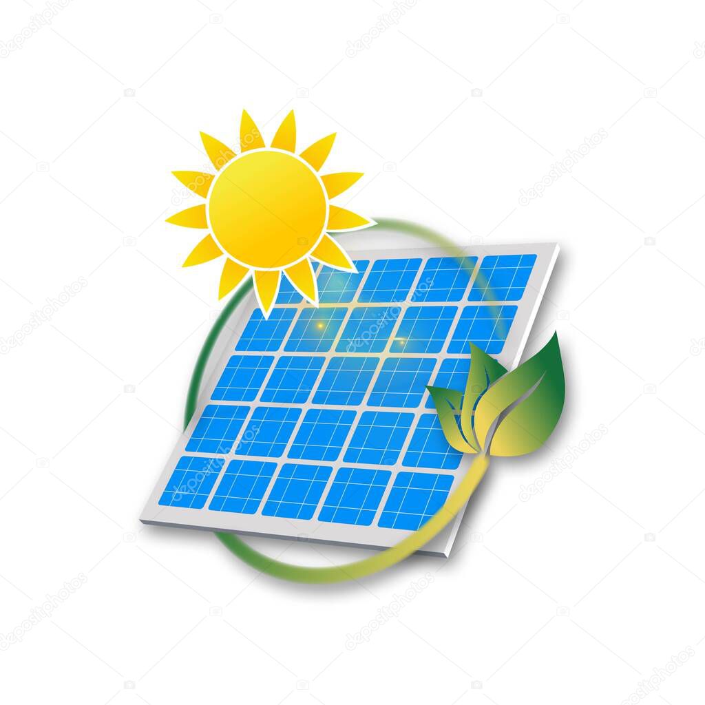 Solar panel sun logo template - save energy, green power and natural electricity, solar battery - ecology concept of green energy renewable - 3D Illustration