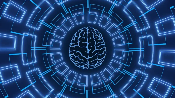 Technology Background Brain Surrounded Graphic Elements Blue Illustration — Stock Photo, Image