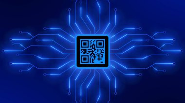 Fütürist dijital devre teknolojisi arkaplanındaki satırları birbirine bağlayan bilgi arasındaki QR kodunun resmi - 3D İllüstrasyon