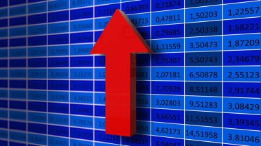 Hisse senedi borsası alıntıları arka plan - finansal veri görünümüne ilişkin borsa grafikleri ve piyasa göstergeleri - yükselen eğilim için kırmızı ok - 3D İllüstrasyon