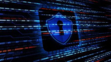Akış hareketindeki ikili kod - Kalkan koruma sistemi ikili kod siber güvenlik ve bilgi veya ağ koruması - iş kavramı