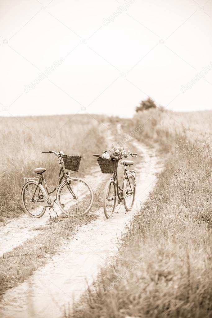 Two old style looking bikes parked on dirt road, sepia.