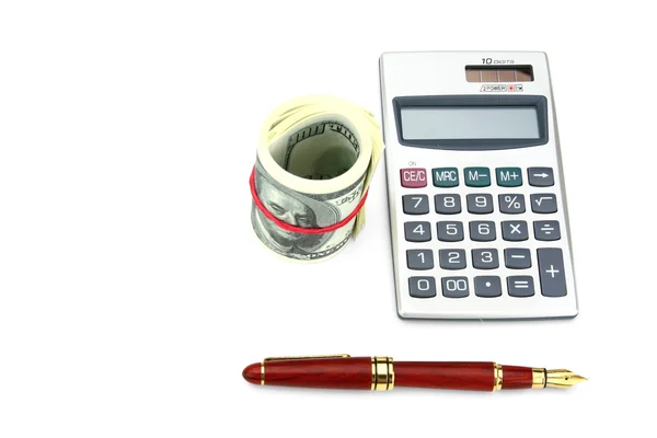 Kalkulačka, pero a dolary — Stock fotografie
