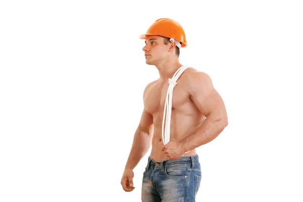 Trabajador de construcción muscular con cuerda — Foto de Stock