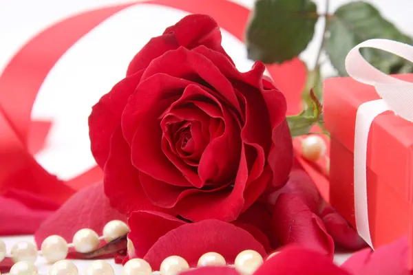 Gift box and rose petals — Stock Photo, Image