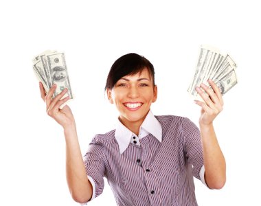 Bayan para gösteriliyor ve gülümseyerek