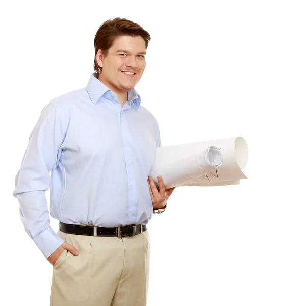 Young architect with rolled drafts — Stock Photo, Image