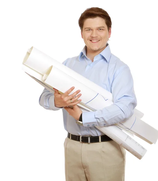 Young architect with rolled drafts — Stock Photo, Image