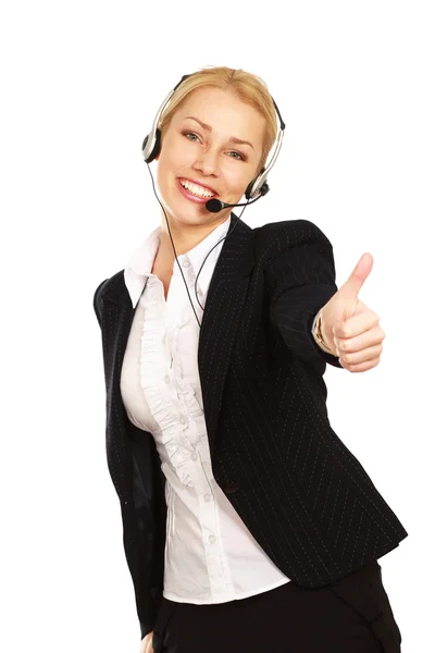 Businesswoman with headset showing ok — Stock Photo, Image