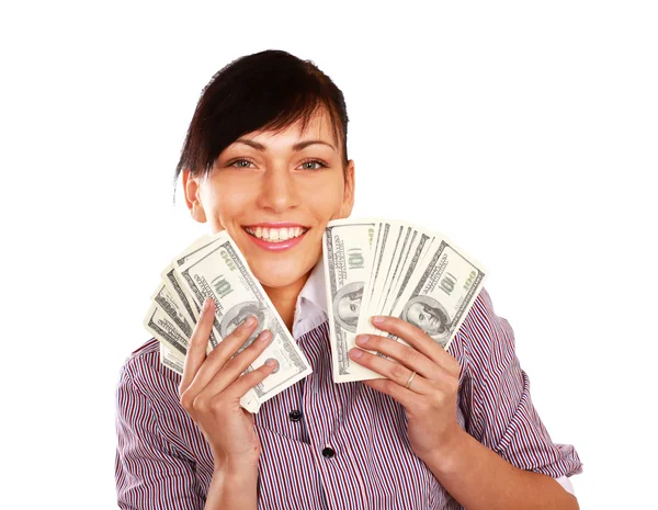 Señora mostrando dinero en efectivo y sonriendo — Foto de Stock