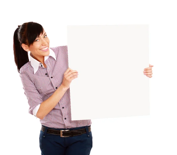 Woman with blank board banner — Stock Photo, Image