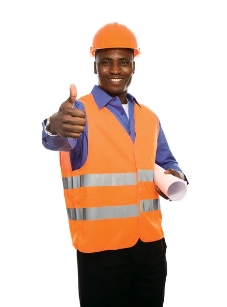 Afro-American with blueprints showing thumb up — Stock Photo, Image