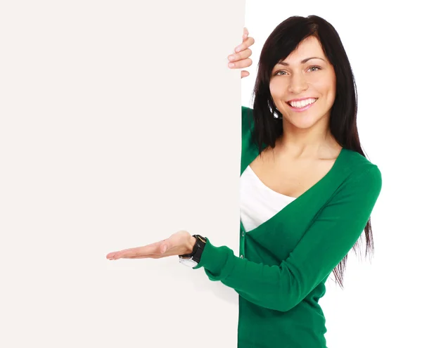 Young woman with blank board banner — Stock Photo, Image