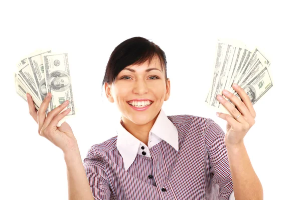 Jovem senhora mostrando dinheiro e sorrindo — Fotografia de Stock