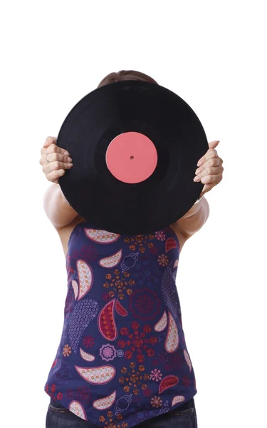 Girl with vinyl disc — Stockfoto