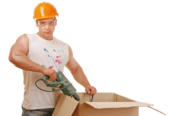 Worker Bodybuilder on white — Stock Photo, Image