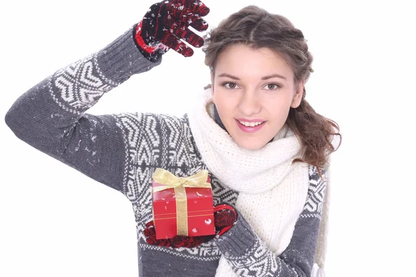 Woman with snow and gift box — Stock Photo, Image