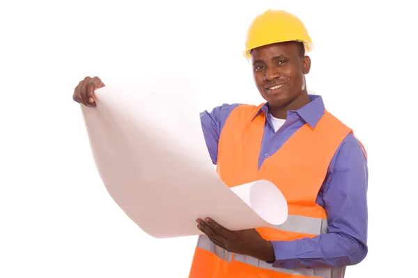 Architect with plans and helmet — Stock Photo, Image