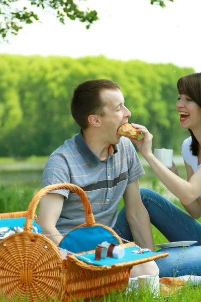 Giovane coppia avendo picnic — Foto Stock