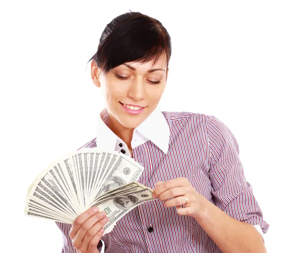 Young woman with dollars in her hands — Stock Photo, Image