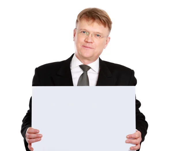 Businessman holding a banner ad — Stock Photo, Image