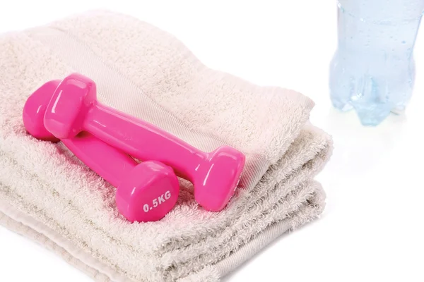 Bottle of water, dumbbell  and towel, — Stock Photo, Image