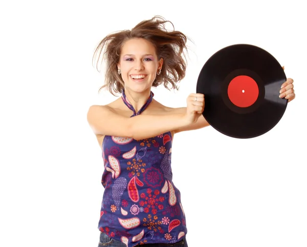 Menina com fecho de disco de vinil — Fotografia de Stock