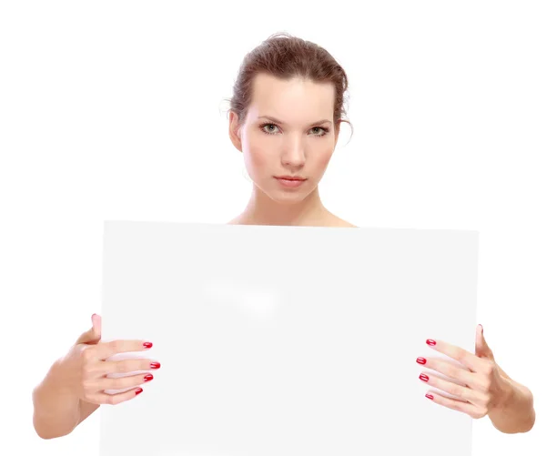 Kvinnan ovan vit blank skylt — Stockfoto