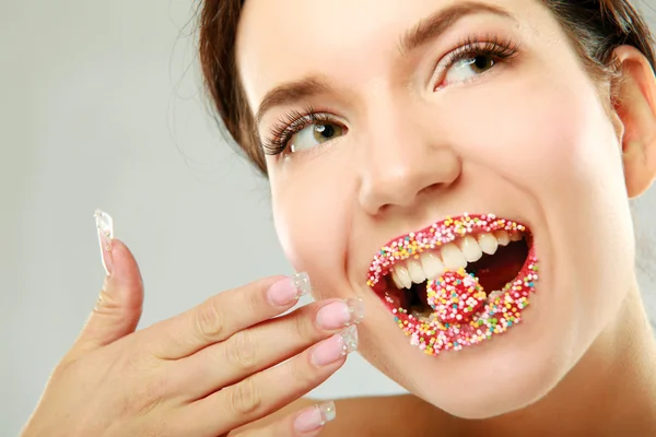 Woman lips cute sweet candy — Stock Photo, Image