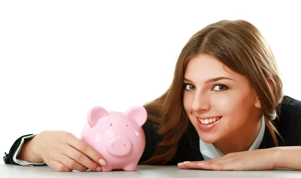 Oman zitten met piggy bank — Stockfoto