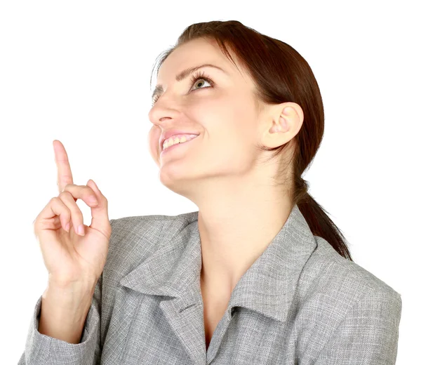 Mujer joven apuntando a un copyspace —  Fotos de Stock