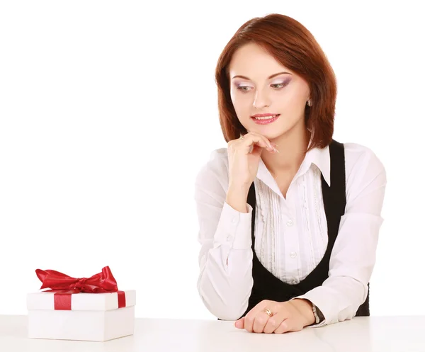 Businesswoman and white gift box with red bow — Stock Photo, Image