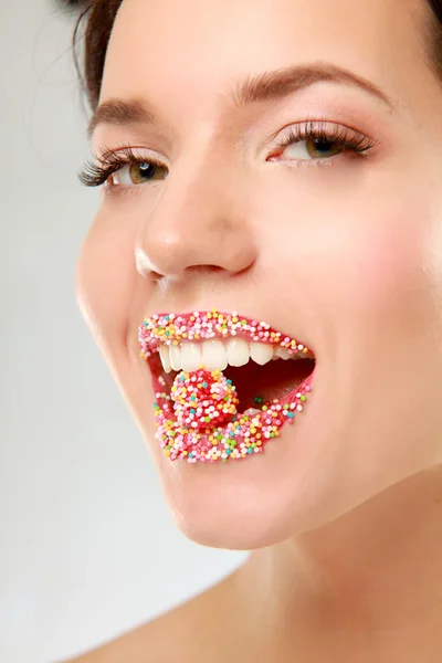 Woman lips cute sweet candy — Stock Photo, Image