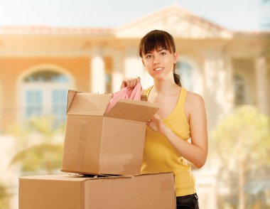Woman with box moving clipart