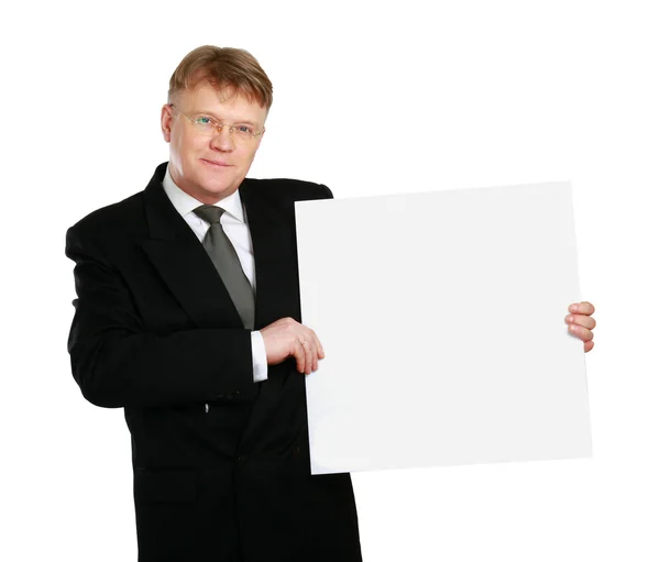 Uomo d'affari con uno striscione pubblicitario — Foto Stock