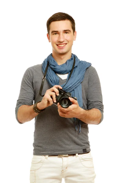 年轻的摄影师用相机 — 图库照片