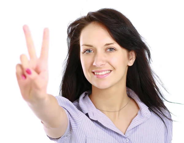 Vrouw met het teken van de overwinning — Stockfoto