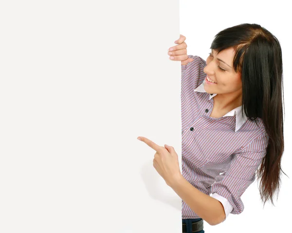 Mujer con banner de tablero en blanco — Foto de Stock