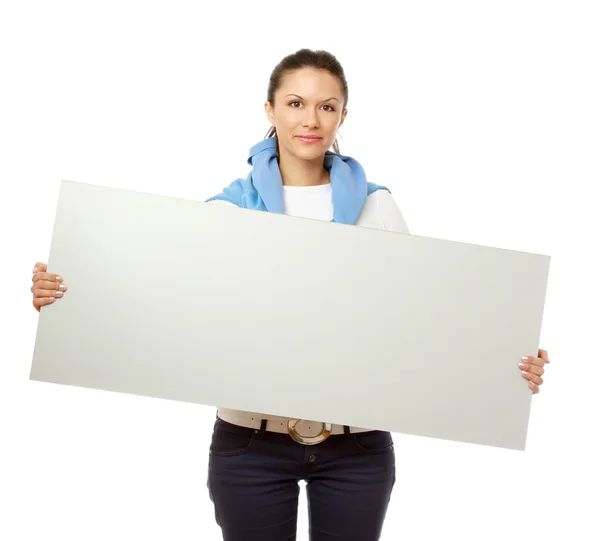 Mulher com banner de placa em branco — Fotografia de Stock