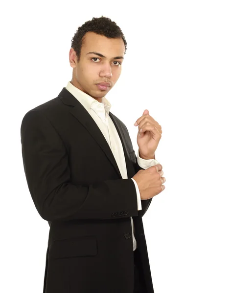 Een portret van een zakenman permanent geïsoleerd op witte achtergrond — Stockfoto