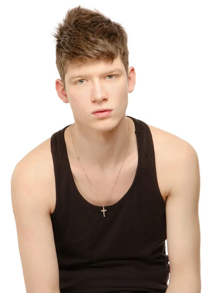Modelo masculino vestindo uma camiseta preta — Fotografia de Stock