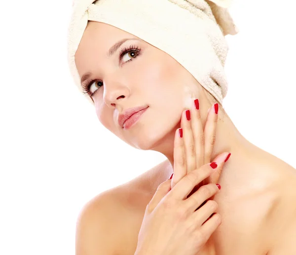 Woman with white towel on her head — Stock Photo, Image