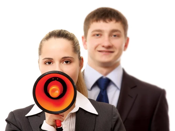 Businesspeople with a loudspeaker — Stock Photo, Image