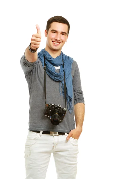 Fotograf mit Kamera zeigt ok — Stockfoto