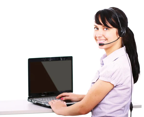 Service flicka med headsetet på hennes arbetsplats — Stockfoto
