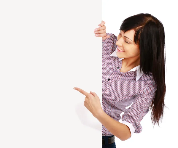 Girl showing an empty billboard — Stock Photo, Image