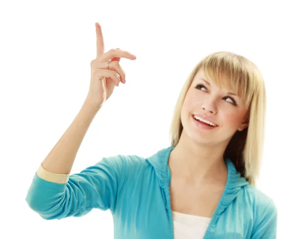 Jonge lachende vrouw wijzen een hand — Stockfoto
