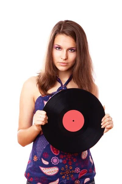 Girl with vinyl disc — Stock Photo, Image