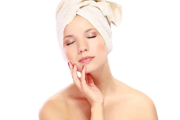 Woman with white towel on her head — Stock Photo, Image